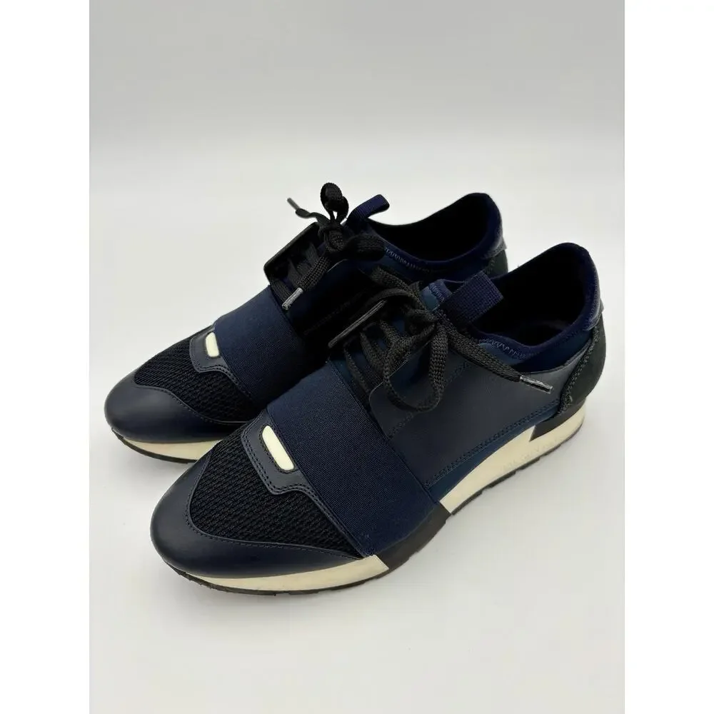 Authentic Balenciaga Race Runner Sneakers Navy Blue Black Elastic Size 8 38